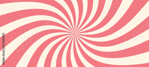 Pink ice cream and candy swirl background, lollipop vortex patterns intermixed with strawberry and circus elements. Retro spiral design. Flat vector illustration isolated