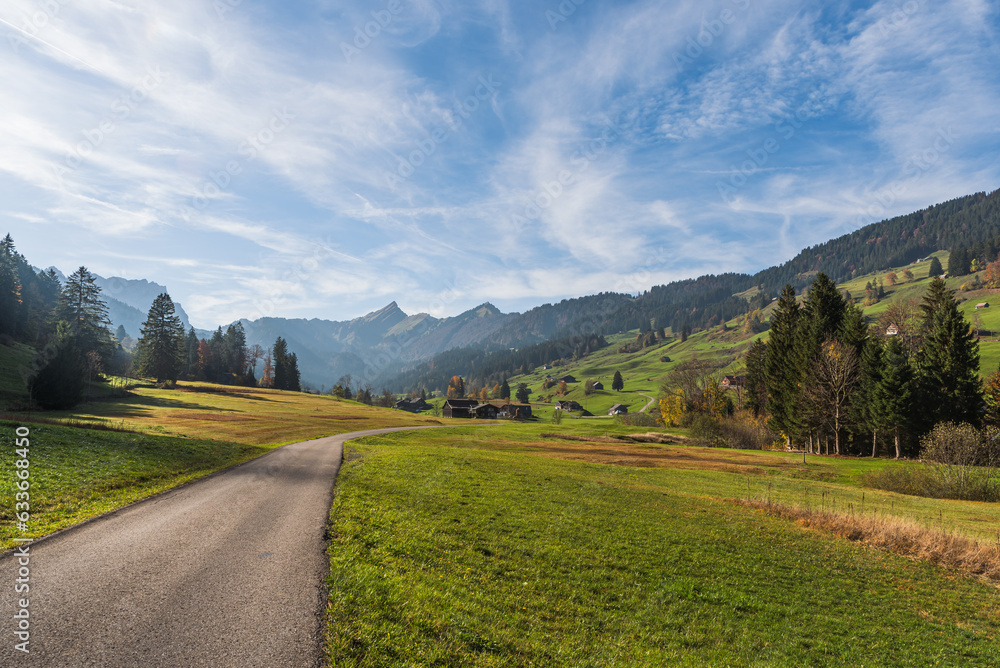 Road in hilly landscape in the Toggenburg region with farmhouses, green meadows and pastures, Mt. Speer in the background, Nesslau, Canton St. Gallen, Switzerland