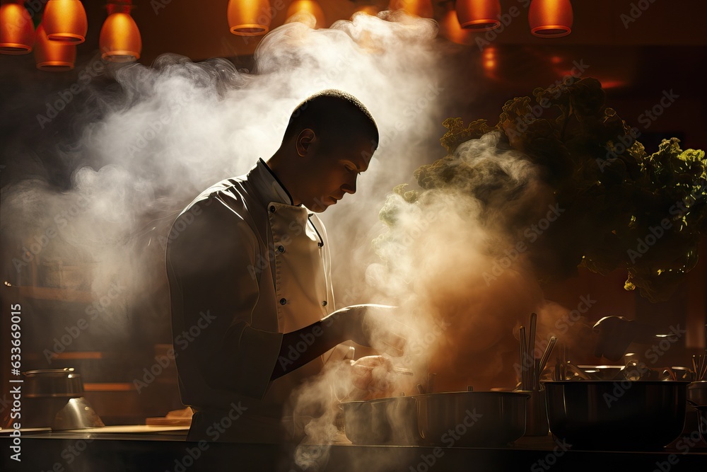 Gastronomic Genius Illuminated: The Backlit Silhouette of a Chef Navigating the Zenith of Culinary Creation Generative AI