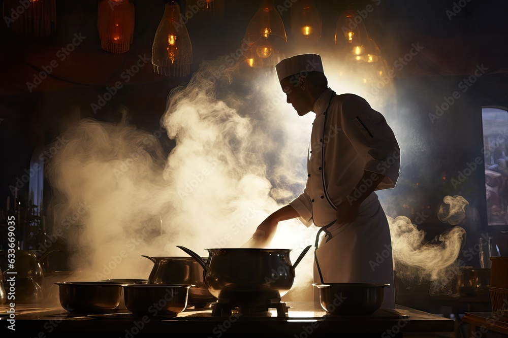 Epicurean Elegance Unveiled: The Culinary Virtuoso's Backlit Silhouette Enveloped in Steam and Aromas Generative AI Epicurean Elegance Unveiled: The Culinary Virtuoso's Backlit Silhouette Enveloped in Steam and Aromas Generative AI