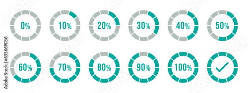 Percentage infographics in greenish blue color. Circle loading and circle progress collection. Set of circle percentage diagrams for infographics 0 10 20 30 40 50 60 70 80 90 100 percent in green blue