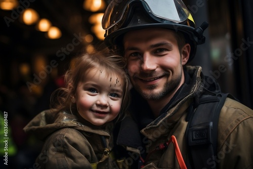 Uniformed Firefighter with Child. Generative AI © Haider