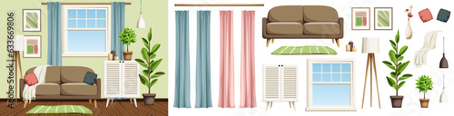 Living room interior design with a sofa, a dresser, and houseplants. Furniture set. Interior constructor. Cartoon vector illustration
