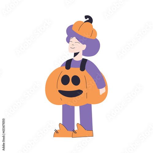 Happy Girl at Halloween Party Standing in Pumpkin Costume Vector Illustration