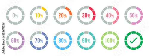 Percentage infographics in different colors. Circle loading and circle progress collection. Set of circle percentage diagrams for infographics 0 10 20 30 40 50 60 70 80 90 100 percent in various color