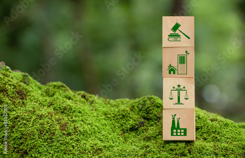 Wooden block with environmental law icons. Concept of international law environmental protection, environmental impact assessment, Eco friendly law, eco balance, business corporate and industry,