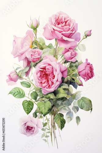 Sweet pink rose bouquet watercolor paint on white background by Generative AI