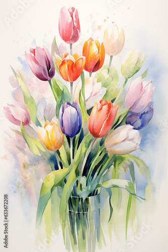 Tulip flowers watercolor paint on background by Generative AI