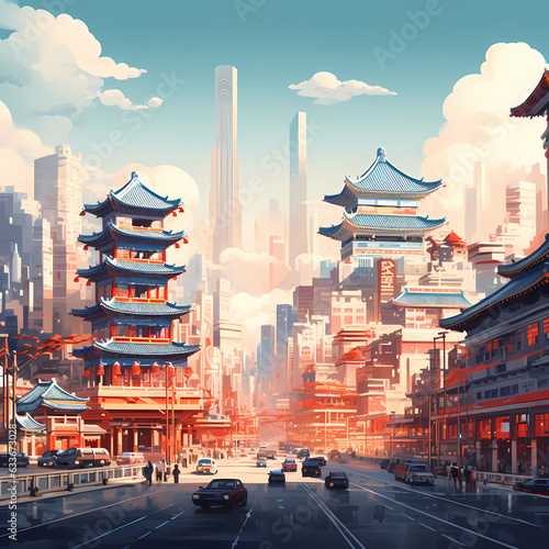 Vászonkép Illustration of a сhinese city with traditional architecture