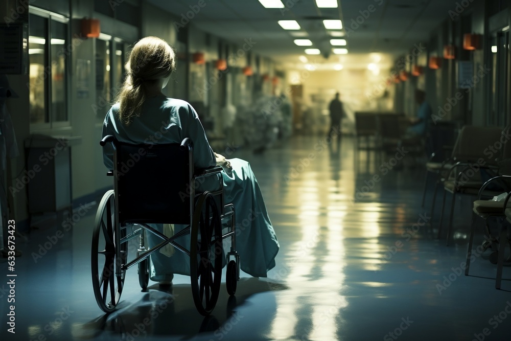Wheelchair Attendant: Nurse in Hospital Corridor. Generative AI