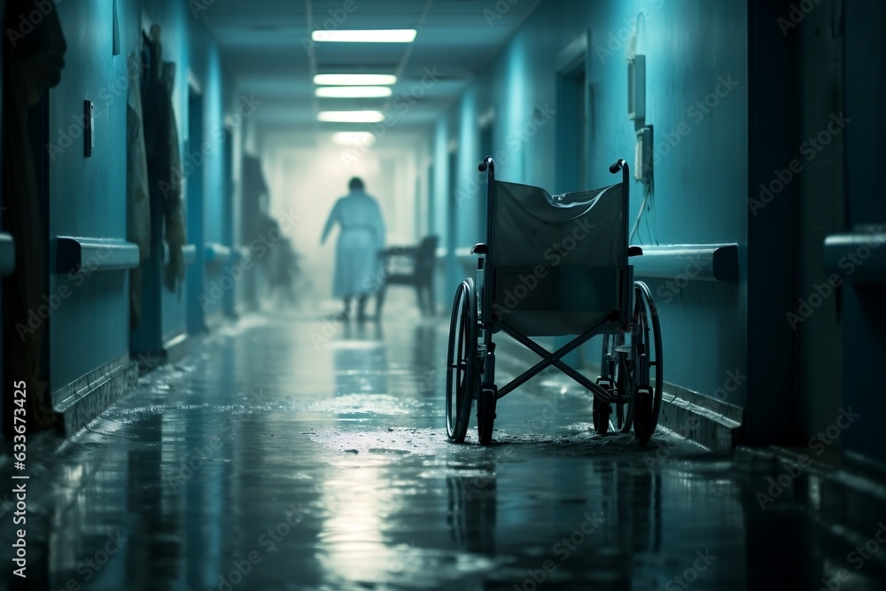 Nurse Guiding Wheelchair in Hospital Corridor. Generative AI