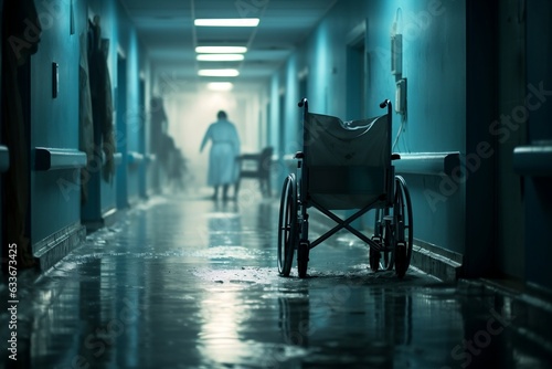 Nurse Guiding Wheelchair in Hospital Corridor. Generative AI
