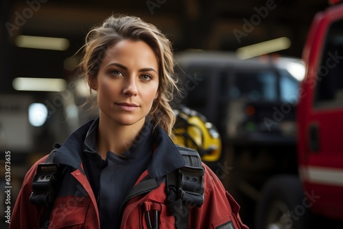 Female Firefighter in Protective Gear. Generative AI