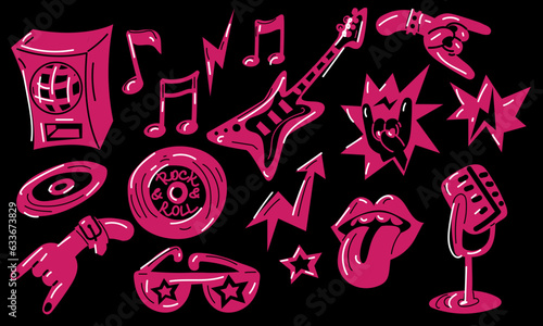 A set of elements of punk rock and roll in pink. Vector illustrations of hard rock, signs, objects, symbols. Cartoon rock star icon for a musical group, concert, party. Isolated on a white background.
