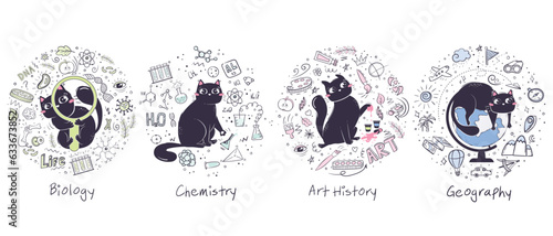 History of arts, biology, chemistry, geography. set of backgrounds for school subjects with doodle objects and a cute cat.