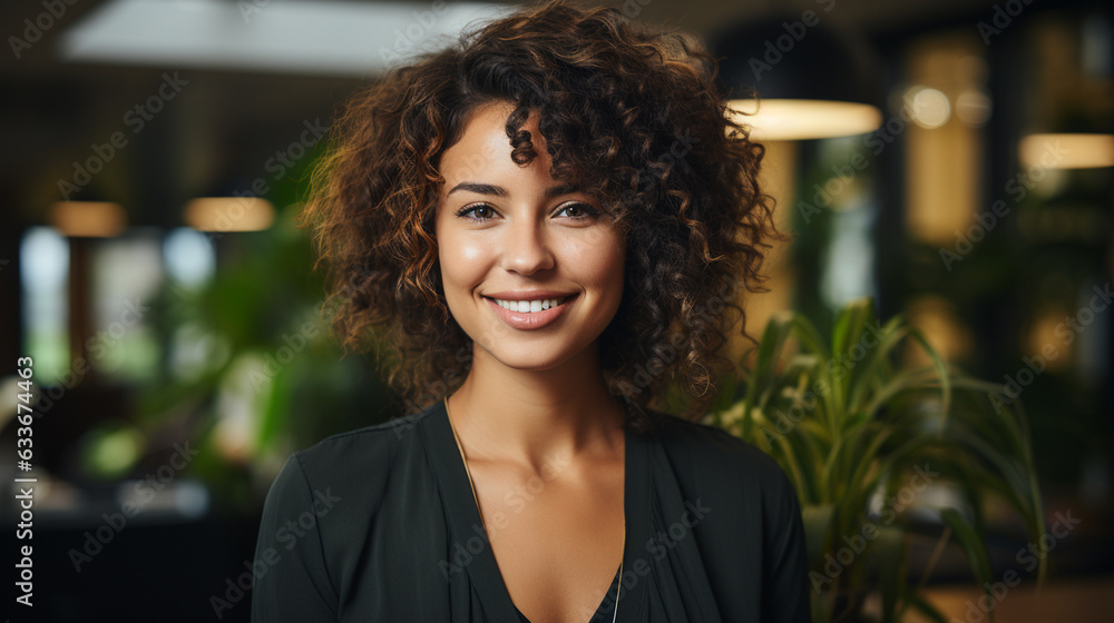 Bella donna con capelli ricci in un moderno ufficio con abito elegante Bella donna con capelli ricci in un moderno ufficio con abito elegante
