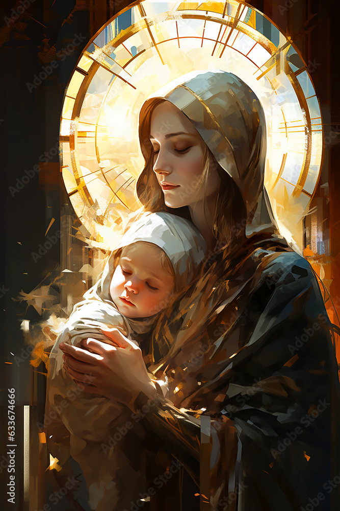 Mary holding jesus in her arms. Woman holding an baby. Graphic representation. AI generativ.
