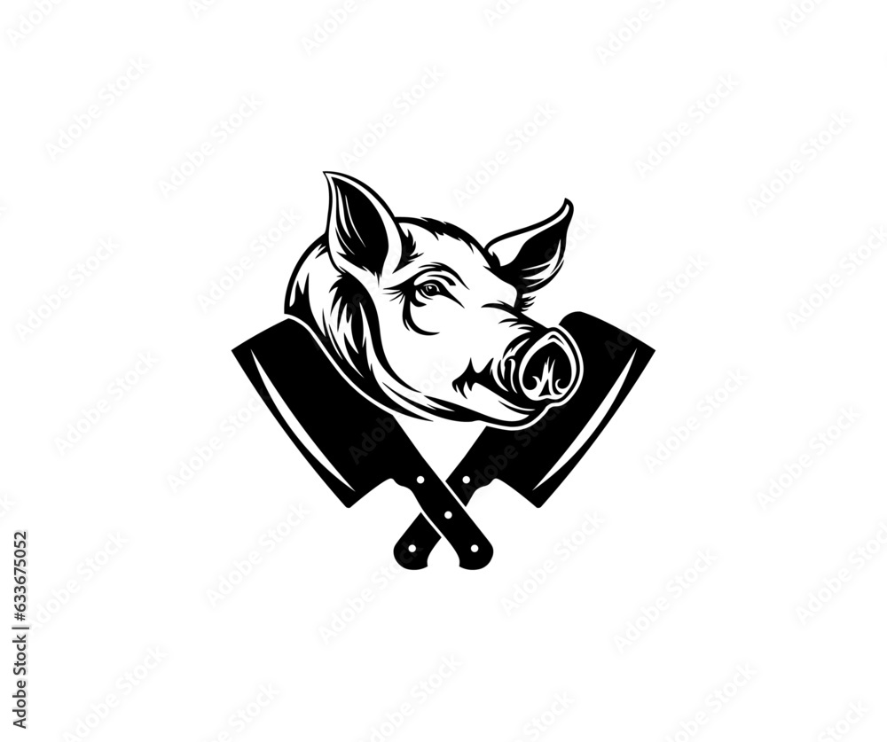 Pig, pork. Vintage, retro for Butchery logo design. Pig head silhouette