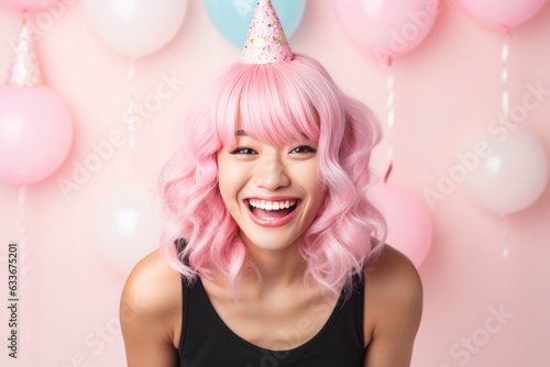 Happy Asian Young Girl With Pink Hair With Cake Pastel Pink Background. Happy Asian Young Girls, Pink Hair, Cake, Pastel Pink Background, Makeup Outfits, Culture Identity, Photography Art