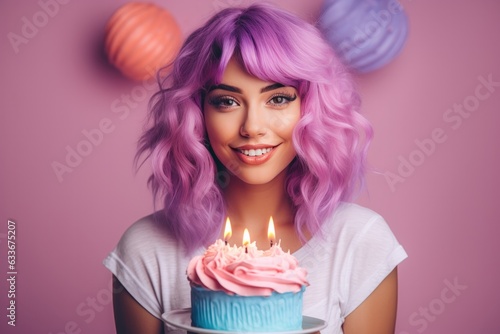 Happy European Girl With Purple Hair With Cake Pastel Pink Background. European Girls, Purple Hair, Cake, Pastel Pink Background, Happiness, Fashion Trends, Selfexpression, Femininity