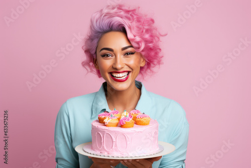 Happy Indian Woman With Pink Hair With Cake Pastel Pink Background. Beauty Of Pink Hair, Meaning Of Indian Woman Celebrations, Pink Color Symbolism, Cake Celebrating With Sweets, Happy Emotions