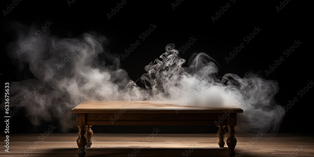 Elegant Wood Table with Black Wall Background and Fog