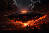 Futuristic spaceship in the fire. Alien spaceship flying in deep space with planets.  Flying saucer in the night sky. Fantasy alien planet. Dark space. Transport of the future. UFO. Digital art