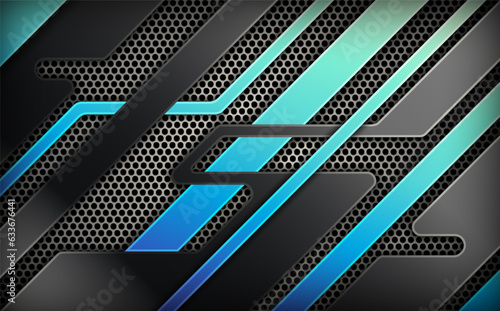 Futuristic Black and Blue Game Banner Backdrop Featuring Metallic Elements Abstract Technology Background.