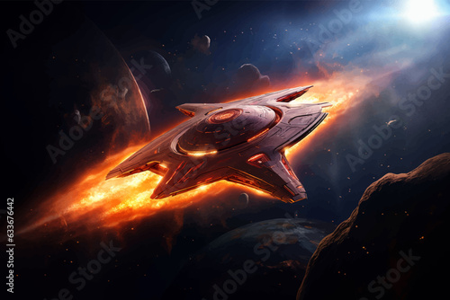 Futuristic spaceship in the fire. Alien spaceship flying in deep space with planets. Flying saucer in the night sky. Fantasy alien planet. Dark space. Transport of the future. UFO. Digital art