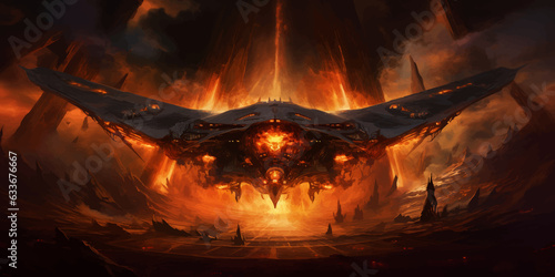 Futuristic spaceship in the fire. Alien spaceship flying in deep space with planets. Flying saucer in the night sky. Fantasy alien planet. Dark space. Transport of the future. UFO. Digital art