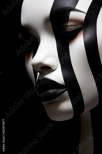 Aesthetic photo shooting  Woman with black and white stripes in face  close shot