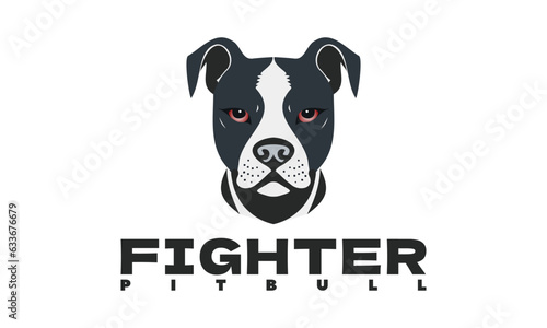 Vector menacing graphic head of a pit bull dog with red eyes and uncropped ears. Emblem, logo or icon. White isolated background.