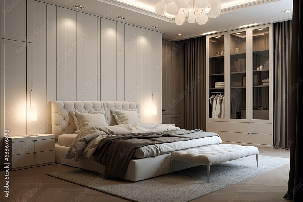 Fototapeta premium Large, white wardrobe for clothes, with a bed for rest in the room.