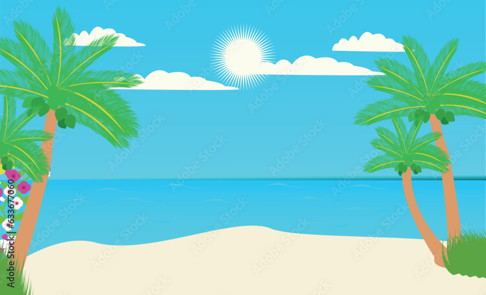 It's summer time banner, beach with coconut tree, grass and lifebuoy on a sunny summer background.