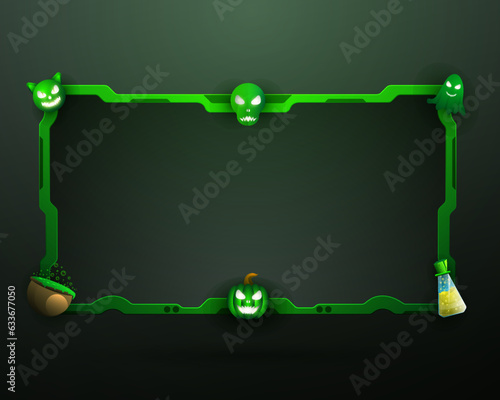Halloween Broadcast Spooky Green Themed Live Stream Overlay Webcam Screen Border Frame. Featuring Spooky Elements like Skull, Cat, Cauldron, Pumpkin and Ghost for Halloween Celebration Video Broadcast