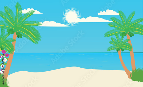 It's summer time banner, beach with coconut tree, grass and lifebuoy on a sunny summer background. © MdRiaz