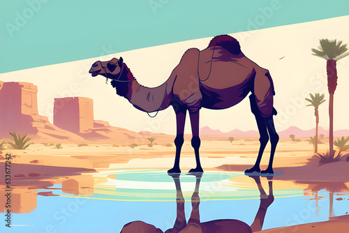 A camel drinking water from an oasis in the desert.
Generative AI