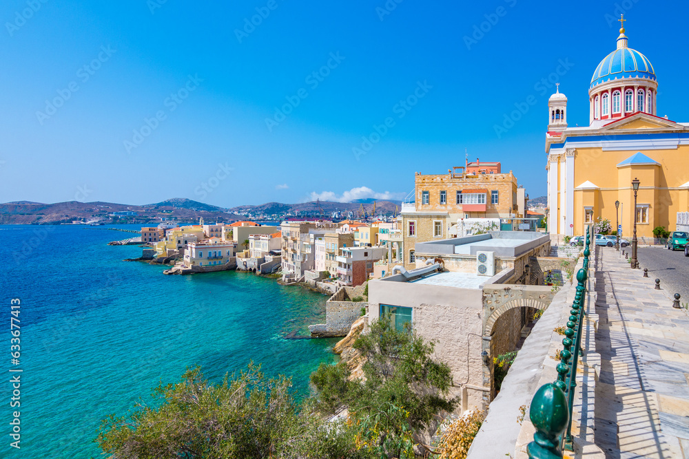 Fototapeta premium Panoramic view of Ermoupoli and Ano Syra towns in Syros island, Cyclades islands, Greece, Europe.