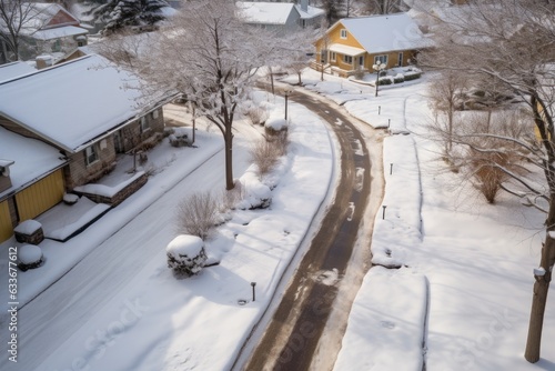 birds-eye view of snow-free driveway path photo