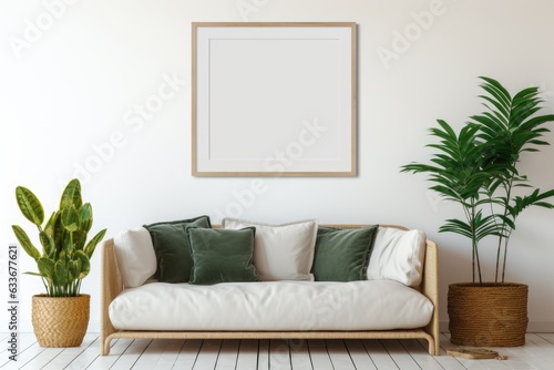  illustration of a square frame mockup in an interior setting with a gray sofa, cushions, green plaid, snake plant in a wicker basket, and an empty white wall background.