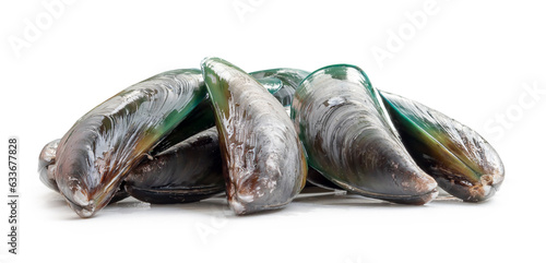 Raw food of fresh beautiful green mussels in stack isolated on white background and shadow in png file format