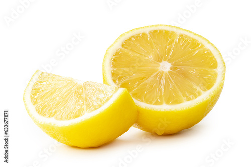 Beautiful yellow lemon half with slice isolated on white background with clipping path.