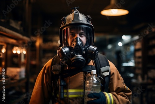 Heroic Fireman Holding Oxygen Mask. Generative AI