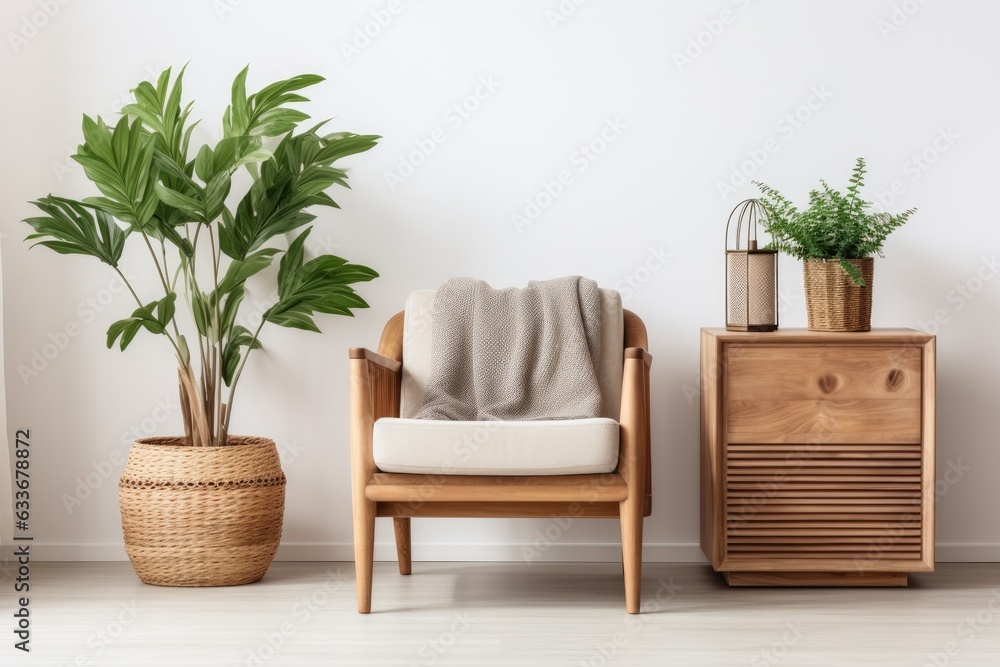 Minimalist home interior with retro armchair, pendant lamp, wooden commode, tropical leaf in vase, wooden cube, carpet, basket and elegant accessories in modern decor.