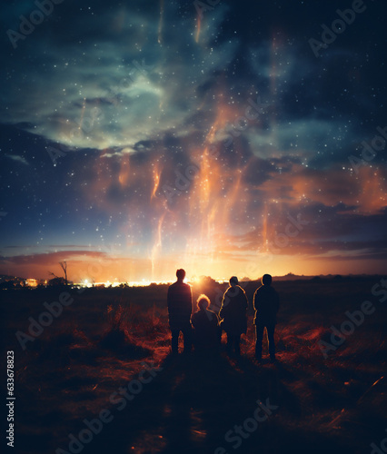 Silhouette of a family on the background of the night sky