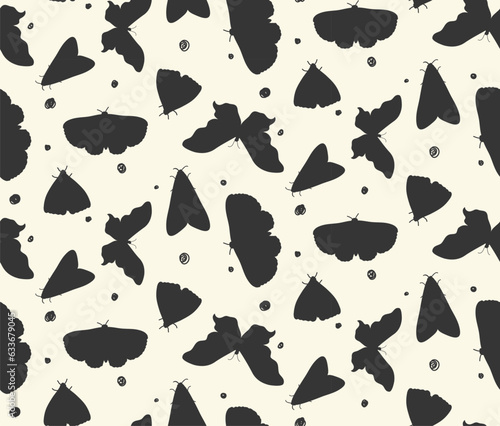 Seamless pattern of a variety of black moths and doodle dots scattered on milky white background. Minimalist gothic butterfly hand drawn surface design for paper and textile.