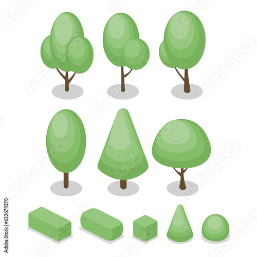 set of isometric trees and bushes in difference shape with shadow. for landscape garden decoration. flat color illustration vector isolated on white background.