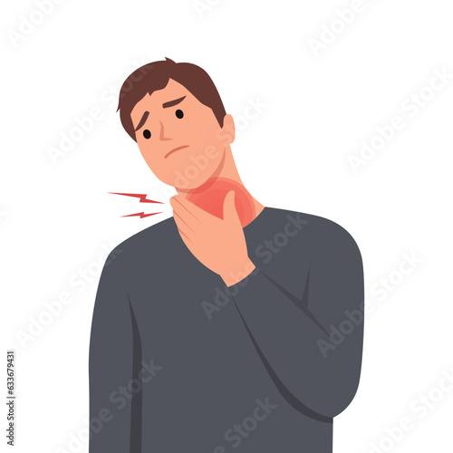 Young man touching his neck because having sore throat, dry and scratchy feeling in the throat as symptom of viral infection, cough, allergy, influenza, cold and fever