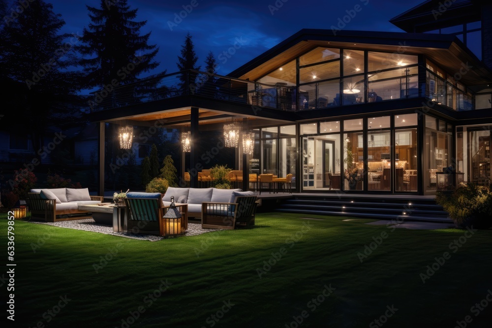 Luxurious home exterior at night, featuring illuminated interior and porch with stylish lawn and furniture.