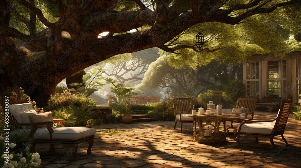 Shady Haven: A cozy outdoor setting under the shade of a grand walnut tree, with dappled sunlight filtering through the leaves Shady Haven: A cozy outdoor setting under the shade of a grand walnut tree, with dappled sunlight filtering through the leaves